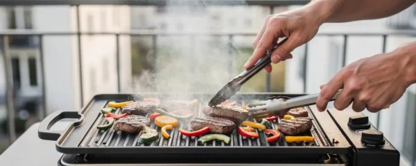 Barbecue électrique en fonctionnement sur balcon avec viandes grillées