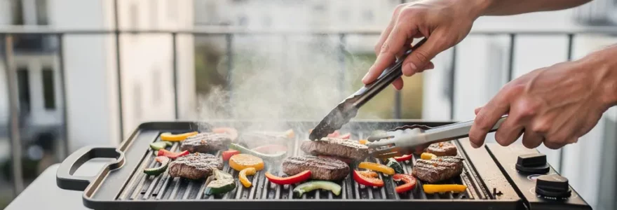 Barbecue électrique en fonctionnement sur balcon avec viandes grillées