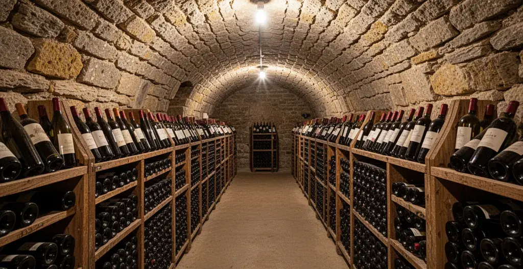 Cave voûtée historique avec rangées de bouteilles de vin et pierres apparentes