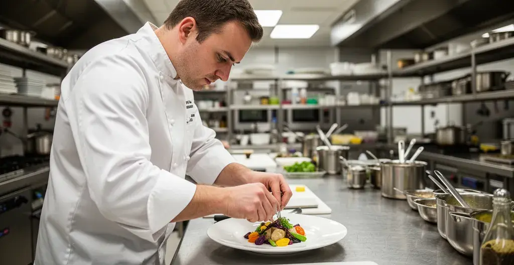 Chef cuisinier européen dressant une assiette gastronomique en cuisine professionnelle