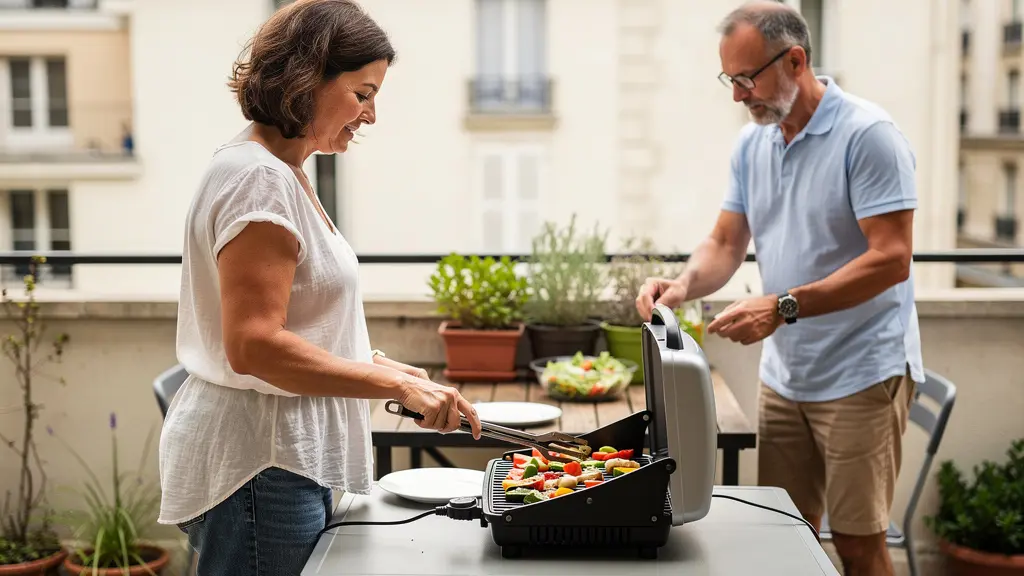 Couple préparant des grillades sur barbecue électrique compact en terrasse