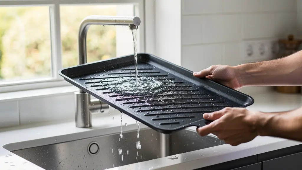 Plaque amovible de barbecue électrique rincée sous eau courante dans cuisine