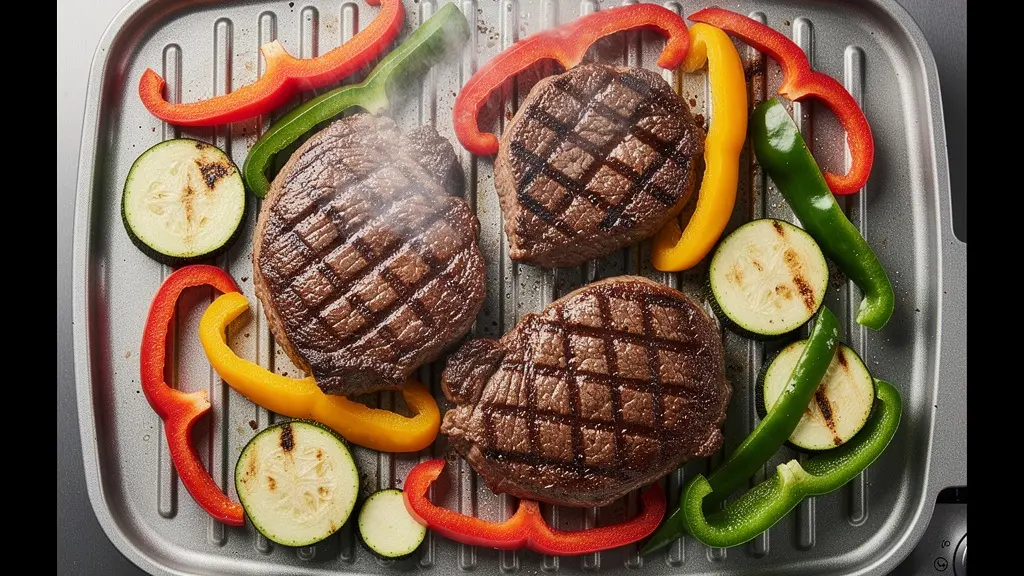 Vue plongeante sur plaque barbecue électrique avec steaks et légumes grillés